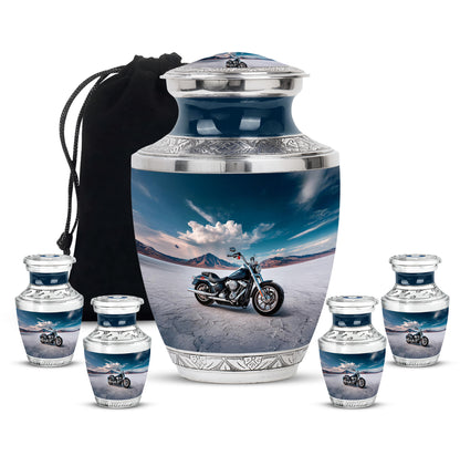 Indigo Bike Cremation Urn lifestyle display on memorial shelf - modern art-inspired bike motif on sleek aluminum - memorial set with one large and four small urns