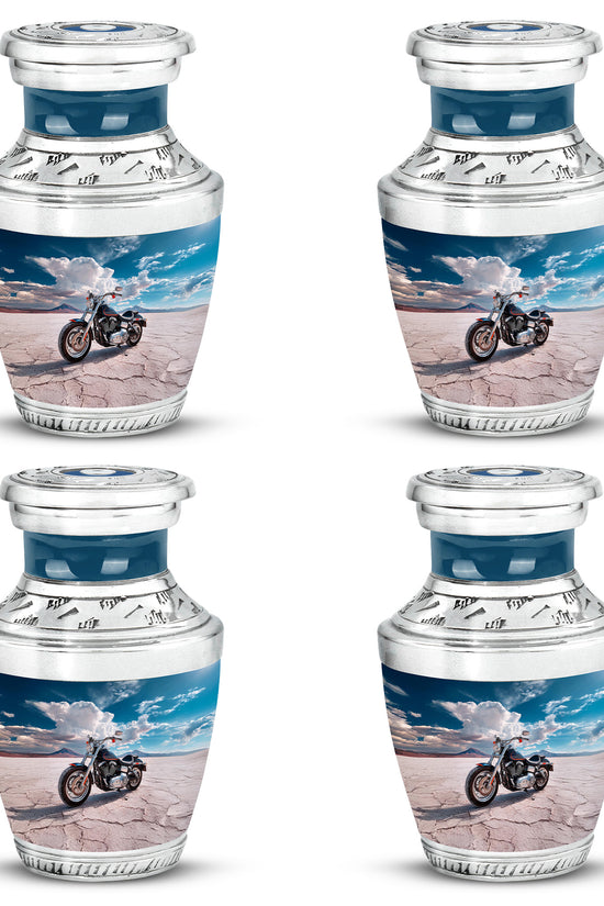 Azure Bike Cremation Urn back view with polished surface - modern art-inspired bike motif on sleek aluminum - 10 inch aluminum urn for cremated remains
