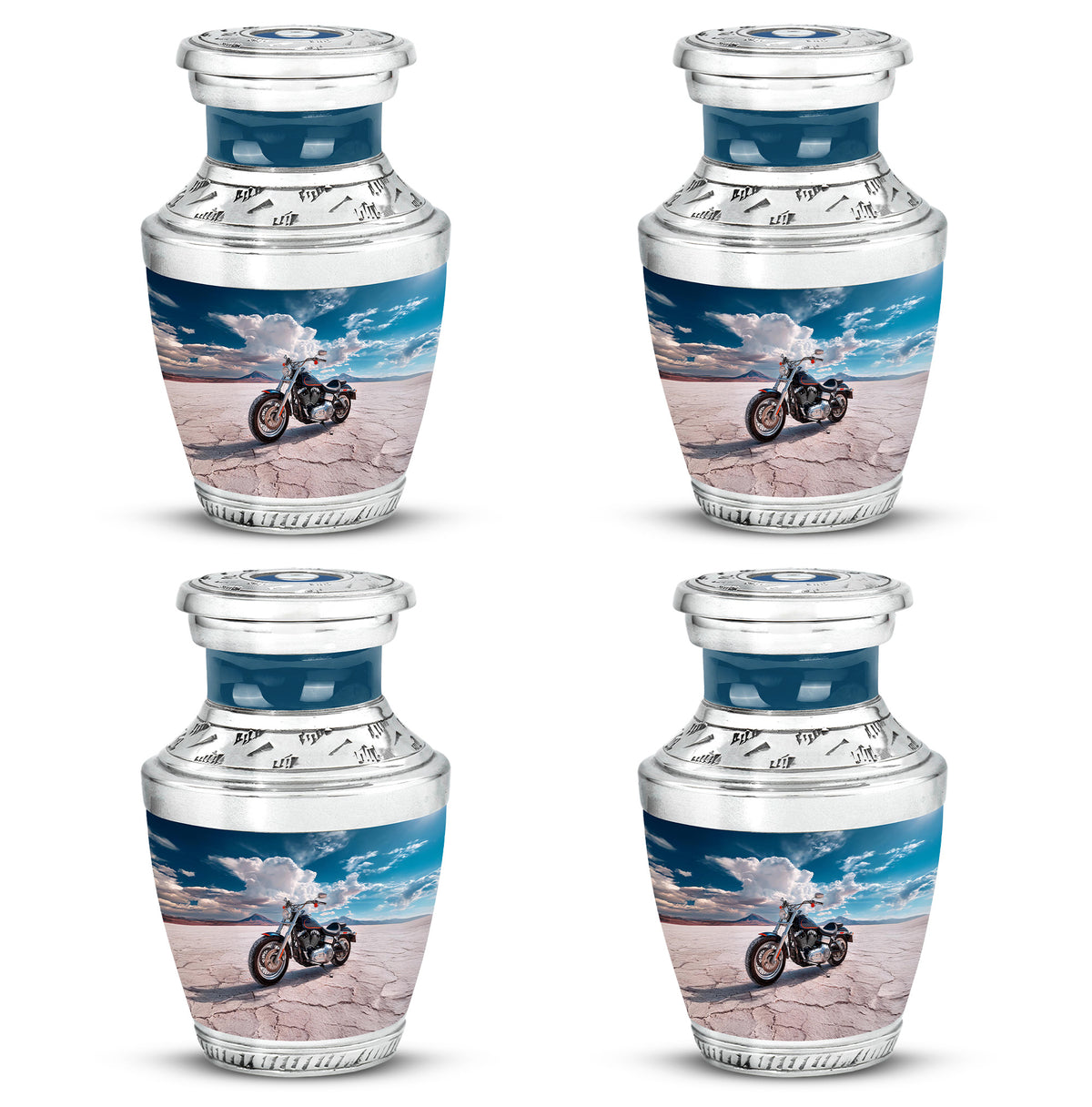 Azure Bike Cremation Urn back view with polished surface - modern art-inspired bike motif on sleek aluminum - 10 inch aluminum urn for cremated remains