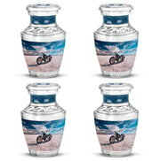 Azure Bike Cremation Urn back view with polished surface - modern art-inspired bike motif on sleek aluminum - 10 inch aluminum urn for cremated remains