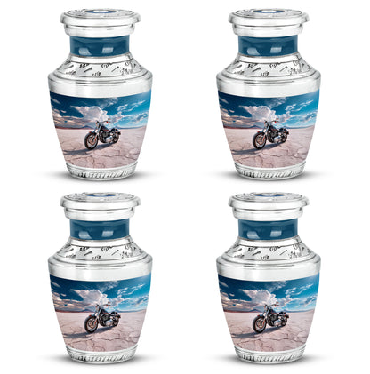 Azure Bike Cremation Urn back view with polished surface - modern art-inspired bike motif on sleek aluminum - 10 inch aluminum urn for cremated remains