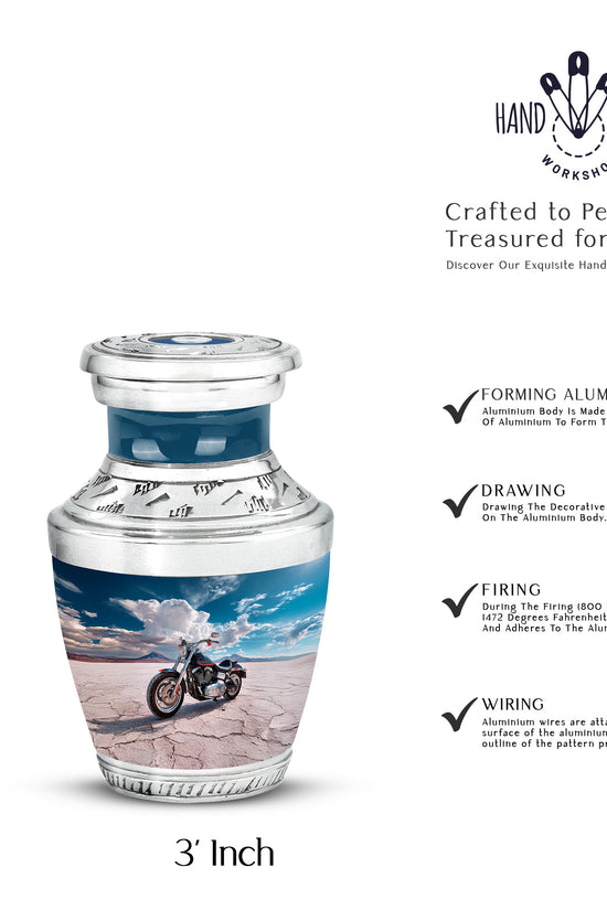 Soft Blue Bike Cremation Urn top-down view of secure threaded lid - stylized abstract bike pattern with bold lines - mini keepsake memorial for portion of cremation ashes
