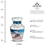 Soft Blue Bike Cremation Urn top-down view of secure threaded lid - stylized abstract bike pattern with bold lines - mini keepsake memorial for portion of cremation ashes
