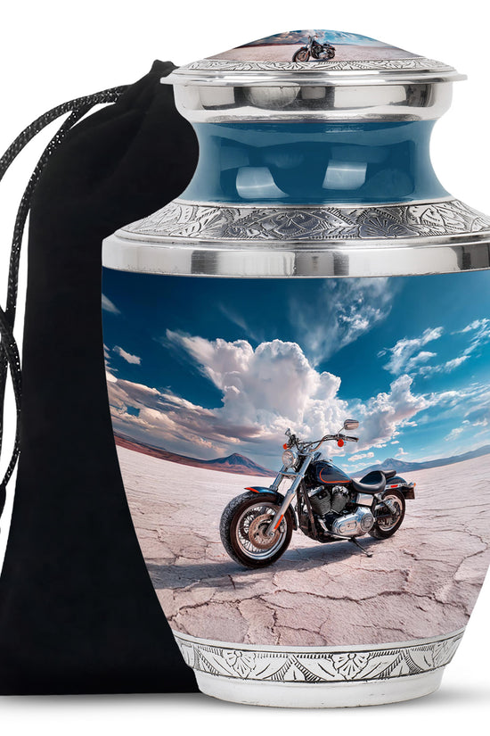 Bright Blue Bike Cremation Urn side profile showing urn shape - artistic bike interpretation with creative detail - full-size 10 inch 200 cubic inch adult cremation urn