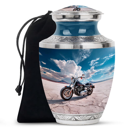 Bright Blue Bike Cremation Urn side profile showing urn shape - artistic bike interpretation with creative detail - full-size 10 inch 200 cubic inch adult cremation urn