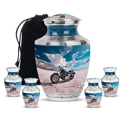Sapphire Blue Bike Cremation Urn lifestyle display on memorial shelf - stylized abstract bike pattern with bold lines - memorial set with one large and four small urns