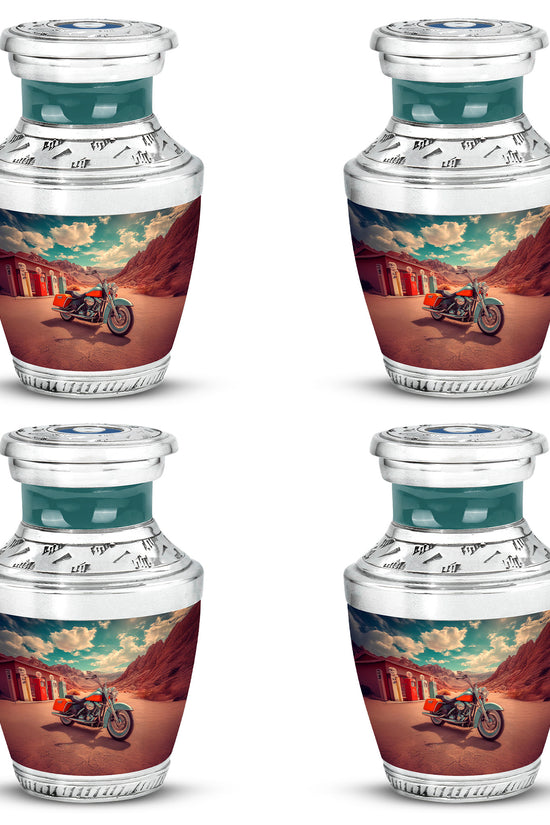 Ocean Teal Bike Cremation Urn back view with polished surface - contemporary bike design with modern artistic flair - 10 inch aluminum urn for cremated remains