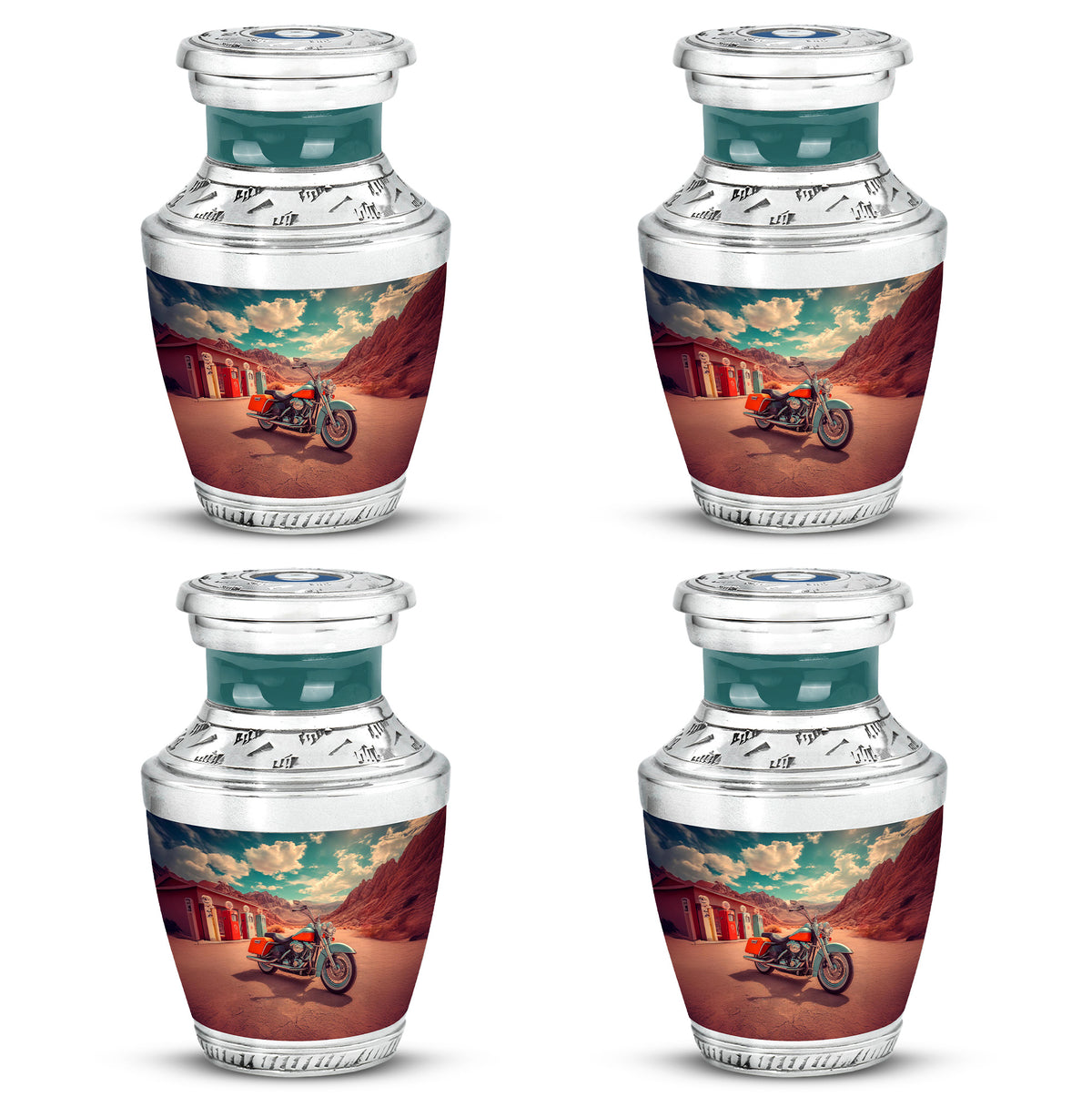 Ocean Teal Bike Cremation Urn back view with polished surface - contemporary bike design with modern artistic flair - 10 inch aluminum urn for cremated remains