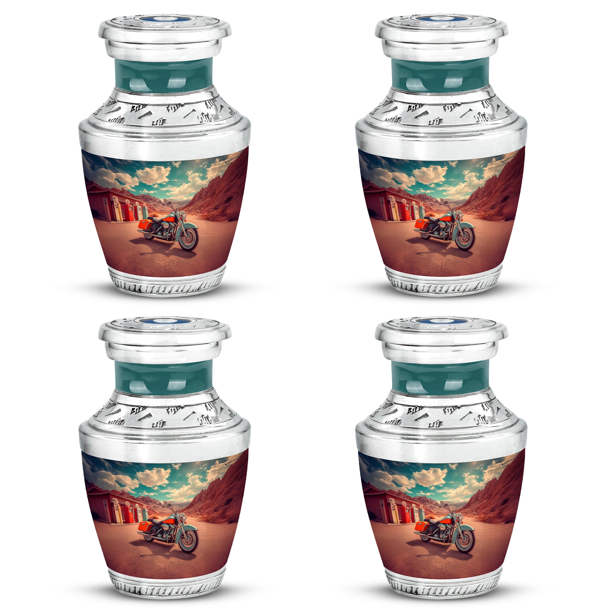 Ocean Teal Bike Cremation Urn back view with polished surface - contemporary bike design with modern artistic flair - 10 inch aluminum urn for cremated remains