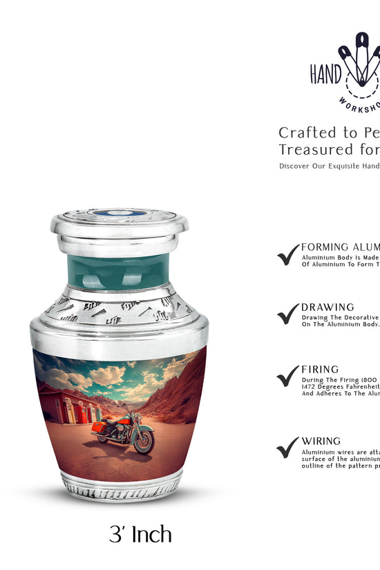 Sea Green Teal Bike Cremation Urn top-down view of secure threaded lid - contemporary bike design with modern artistic flair - mini keepsake memorial for portion of cremation ashes