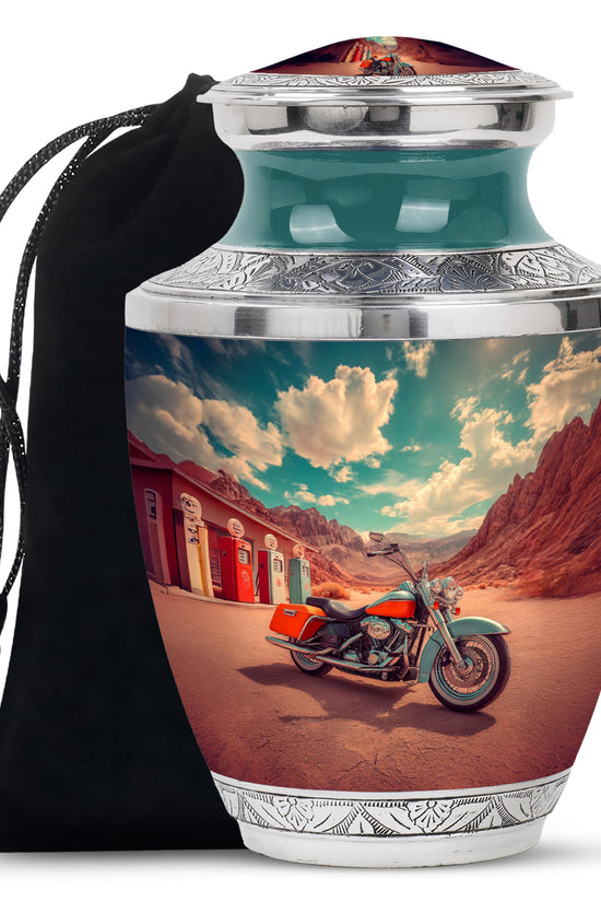 Vivid Teal Bike Cremation Urn side profile showing urn shape - stylized abstract bike pattern with bold lines - full-size 10 inch 200 cubic inch adult cremation urn