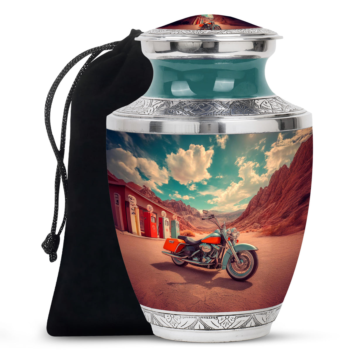 Vivid Teal Bike Cremation Urn side profile showing urn shape - stylized abstract bike pattern with bold lines - full-size 10 inch 200 cubic inch adult cremation urn