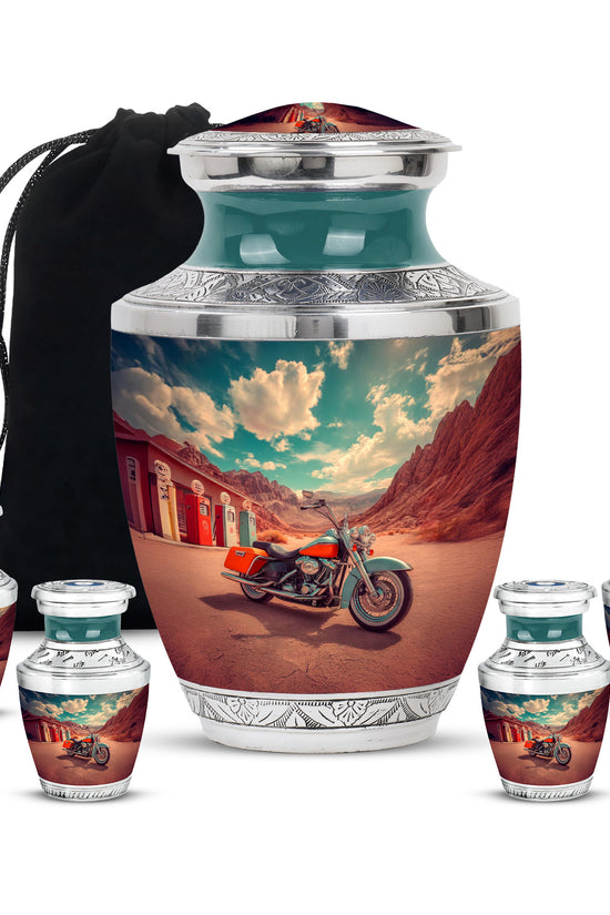 Soft Teal Bike Cremation Urn lifestyle display on memorial shelf - modern art-inspired bike motif on sleek aluminum - memorial set with one large and four small urns
