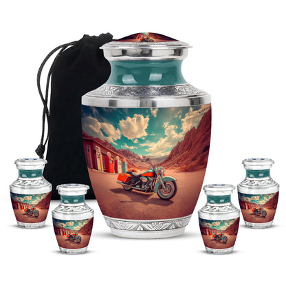 Soft Teal Bike Cremation Urn lifestyle display on memorial shelf - modern art-inspired bike motif on sleek aluminum - memorial set with one large and four small urns