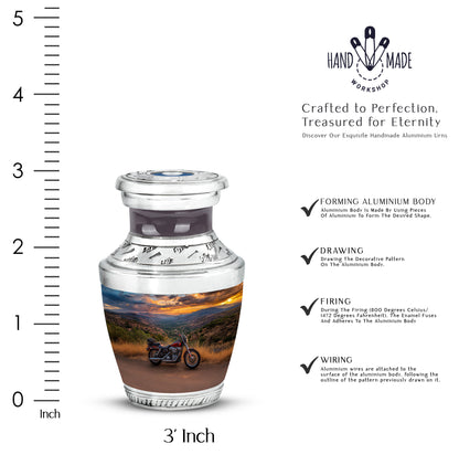 Indigo Bike Cremation Urn top-down view of secure threaded lid - contemporary bike design with modern artistic flair - mini keepsake memorial for portion of cremation ashes