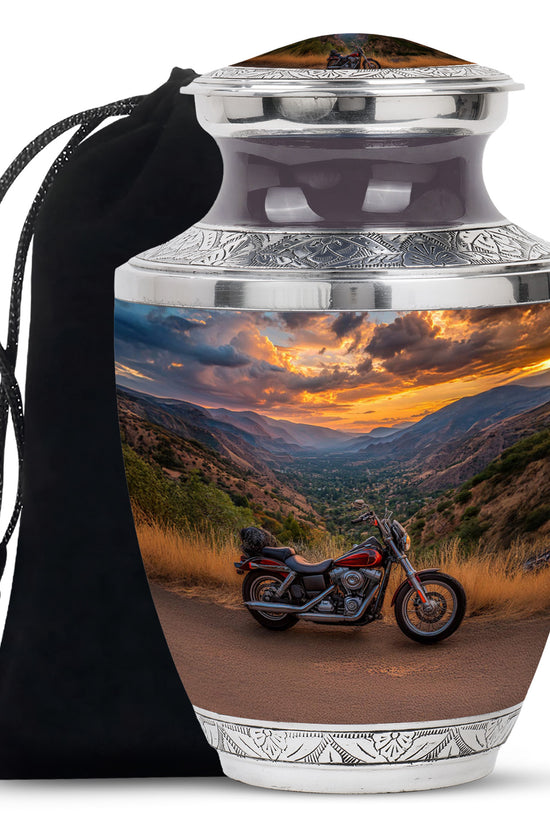 Serene Blue Bike Cremation Urn side profile showing urn shape - stylized abstract bike pattern with bold lines - full-size 10 inch 200 cubic inch adult cremation urn
