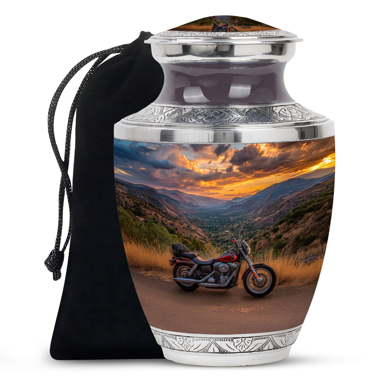 Serene Blue Bike Cremation Urn side profile showing urn shape - stylized abstract bike pattern with bold lines - full-size 10 inch 200 cubic inch adult cremation urn