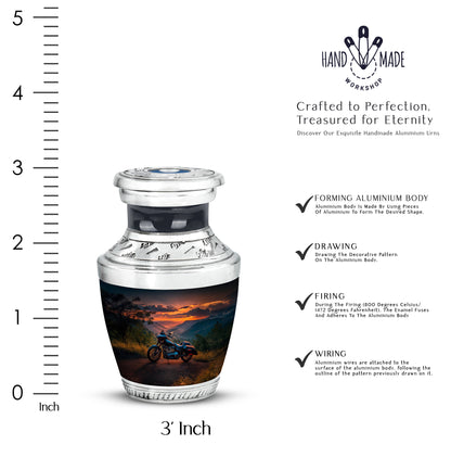 Powder Blue Bike Cremation Urn top-down view of secure threaded lid - contemporary bike design with modern artistic flair - mini keepsake memorial for portion of cremation ashes