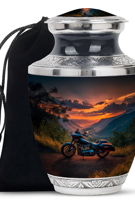 Navy Blue Bike Cremation Urn side profile showing urn shape - contemporary bike design with modern artistic flair - full-size 10 inch 200 cubic inch adult cremation urn