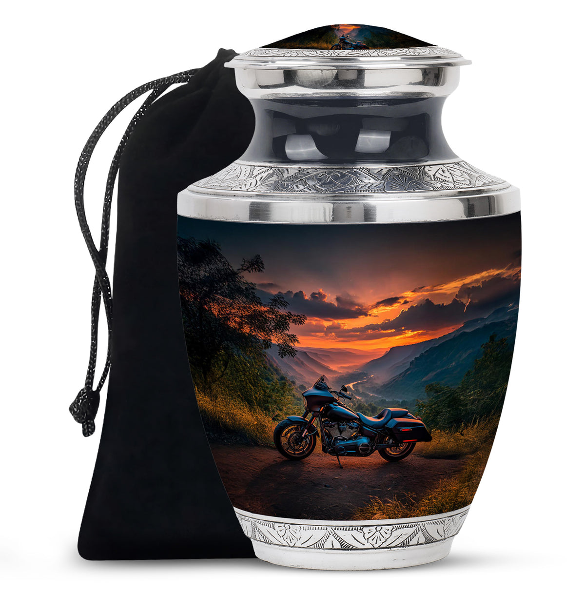 Navy Blue Bike Cremation Urn side profile showing urn shape - contemporary bike design with modern artistic flair - full-size 10 inch 200 cubic inch adult cremation urn