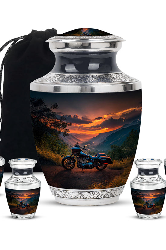 Slate Blue Bike Cremation Urn lifestyle display on memorial shelf - contemporary bike design with modern artistic flair - memorial set with one large and four small urns