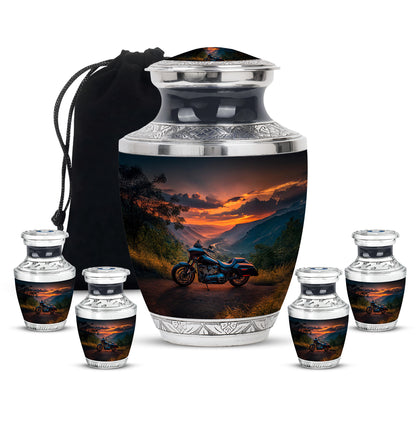 Slate Blue Bike Cremation Urn lifestyle display on memorial shelf - contemporary bike design with modern artistic flair - memorial set with one large and four small urns