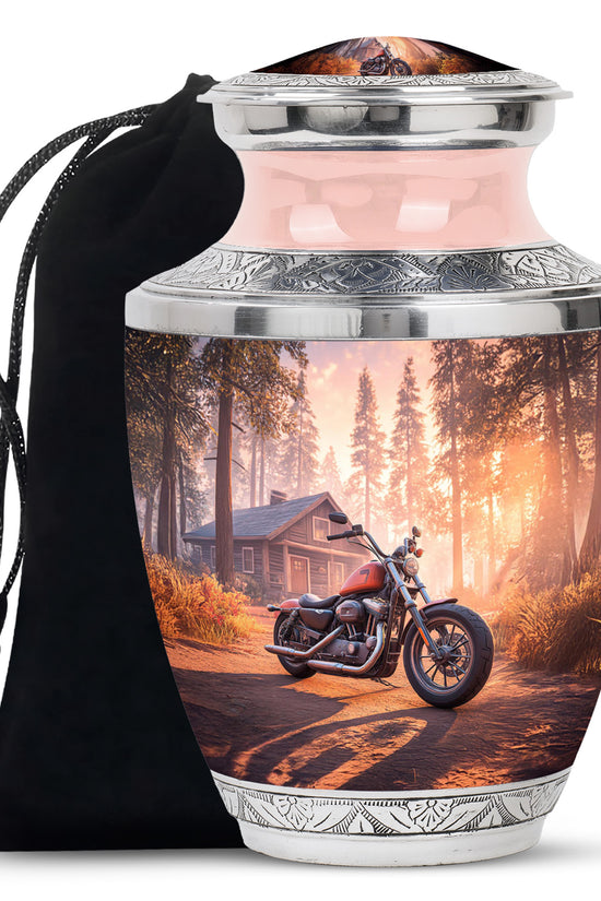 Burgundy Red Bike Cremation Urn side profile showing urn shape - contemporary bike design with modern artistic flair - full-size 10 inch 200 cubic inch adult cremation urn