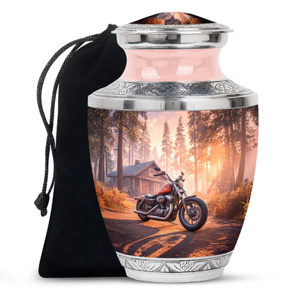 Burgundy Red Bike Cremation Urn side profile showing urn shape - contemporary bike design with modern artistic flair - full-size 10 inch 200 cubic inch adult cremation urn
