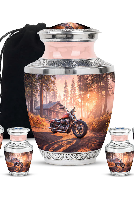 Wine Red Bike Cremation Urn lifestyle display on memorial shelf - modern art-inspired bike motif on sleek aluminum - memorial set with one large and four small urns