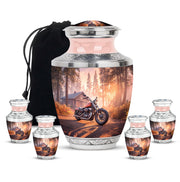 Wine Red Bike Cremation Urn lifestyle display on memorial shelf - modern art-inspired bike motif on sleek aluminum - memorial set with one large and four small urns