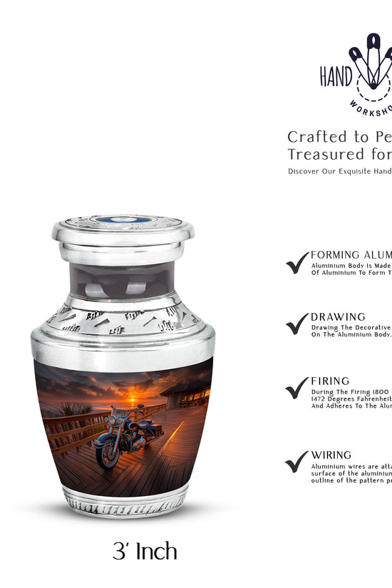 Jet Black Bike Cremation Urn top-down view of secure threaded lid - modern art-inspired bike motif on sleek aluminum - mini keepsake memorial for portion of cremation ashes