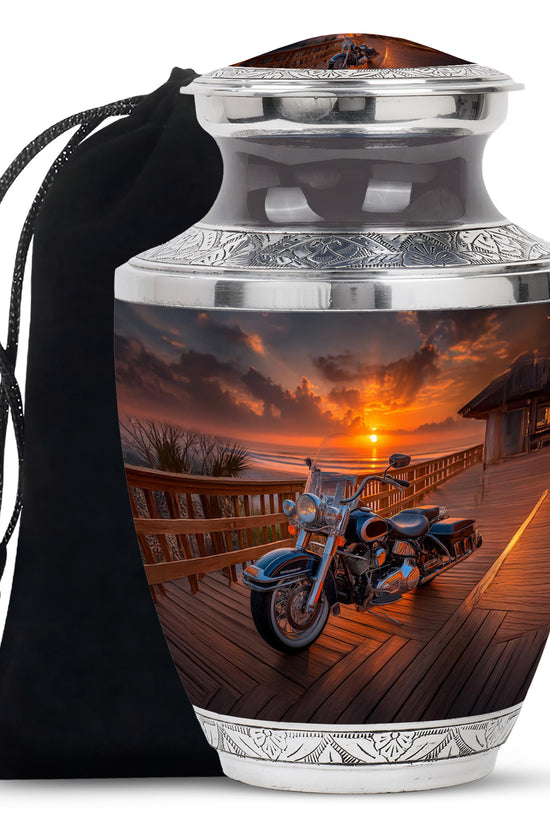 Rich Black Bike Cremation Urn side profile showing urn shape - contemporary bike design with modern artistic flair - full-size 10 inch 200 cubic inch adult cremation urn