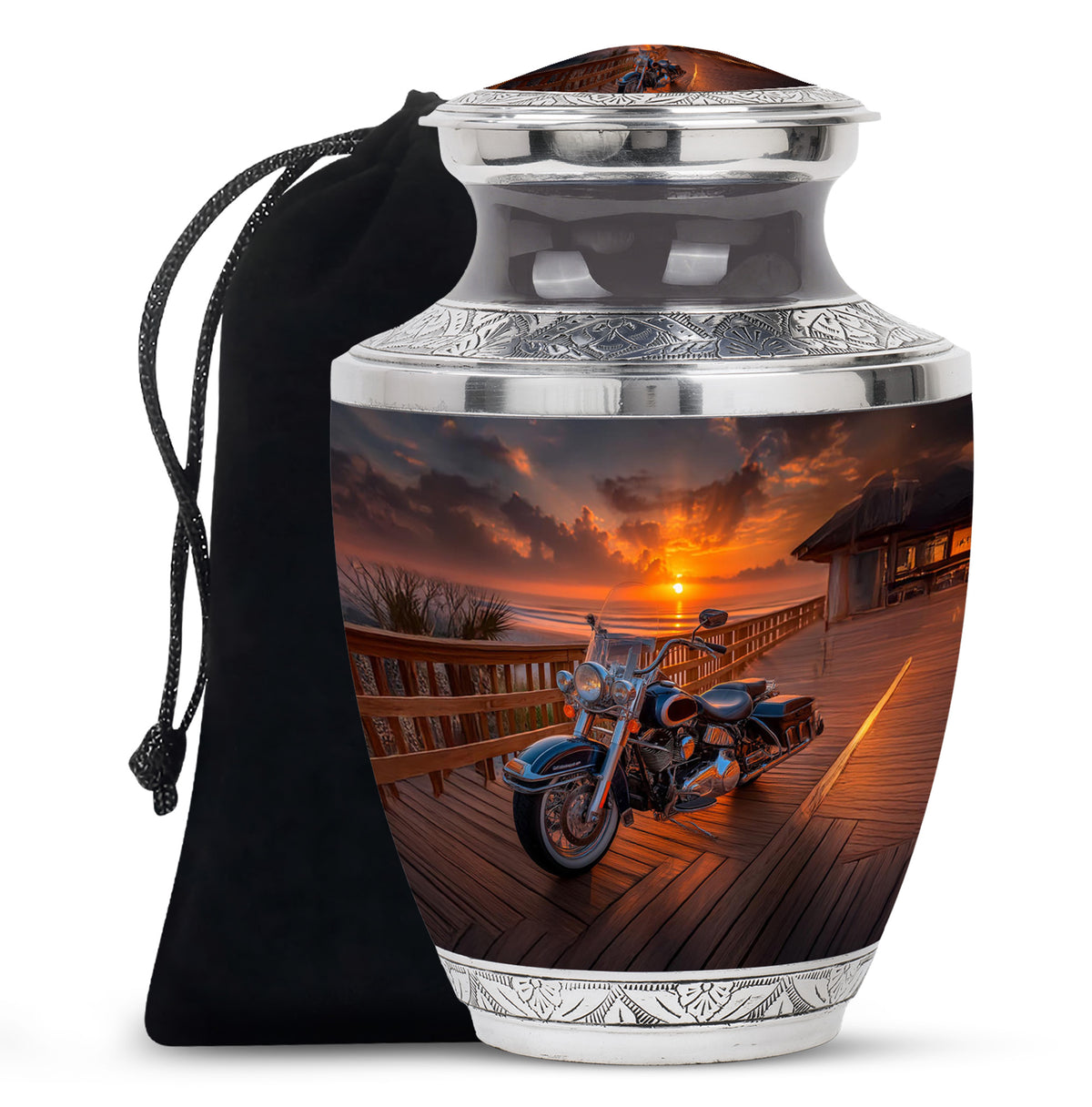 Rich Black Bike Cremation Urn side profile showing urn shape - contemporary bike design with modern artistic flair - full-size 10 inch 200 cubic inch adult cremation urn