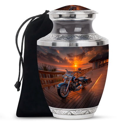 Rich Black Bike Cremation Urn side profile showing urn shape - contemporary bike design with modern artistic flair - full-size 10 inch 200 cubic inch adult cremation urn