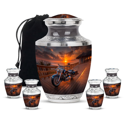 Midnight Black Bike Cremation Urn lifestyle display on memorial shelf - stylized abstract bike pattern with bold lines - memorial set with one large and four small urns