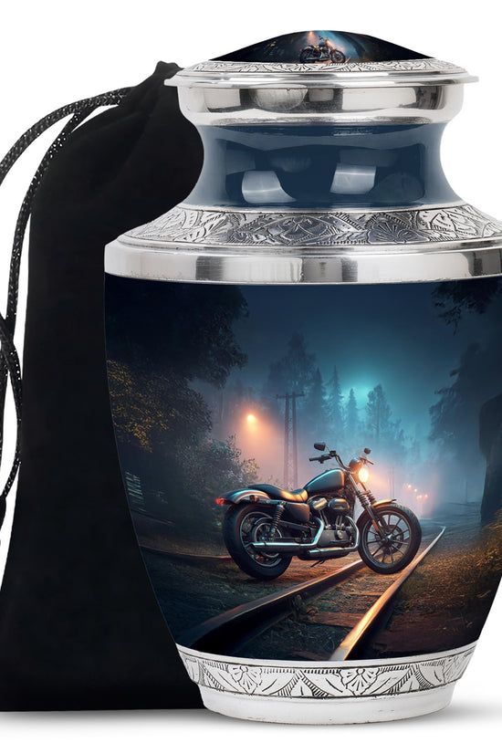 Calming Blue Bike Cremation Urn side profile showing urn shape - stylized abstract bike pattern with bold lines - full-size 10 inch 200 cubic inch adult cremation urn