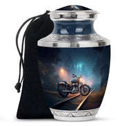 Calming Blue Bike Cremation Urn side profile showing urn shape - stylized abstract bike pattern with bold lines - full-size 10 inch 200 cubic inch adult cremation urn