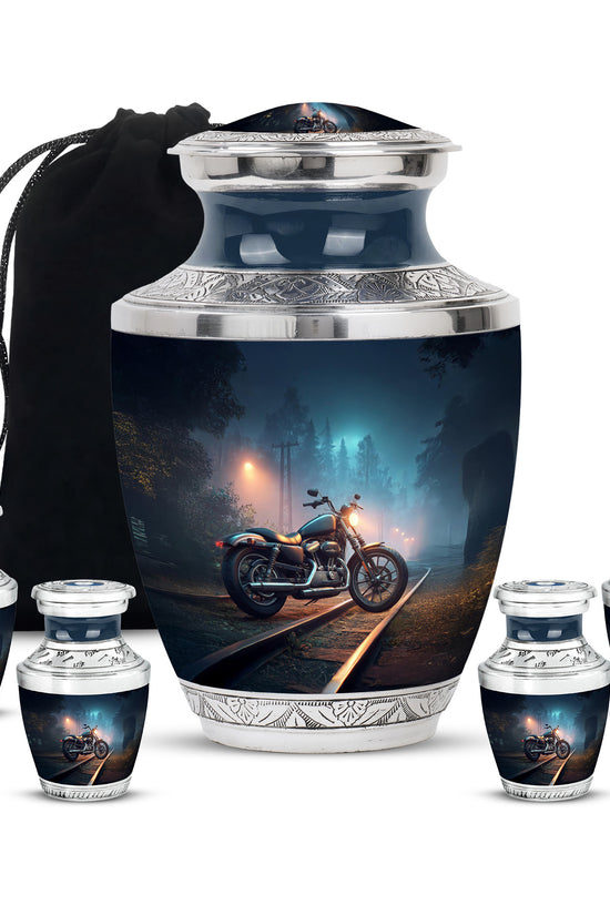 Royal Blue Bike Cremation Urn lifestyle display on memorial shelf - artistic bike interpretation with creative detail - memorial set with one large and four small urns