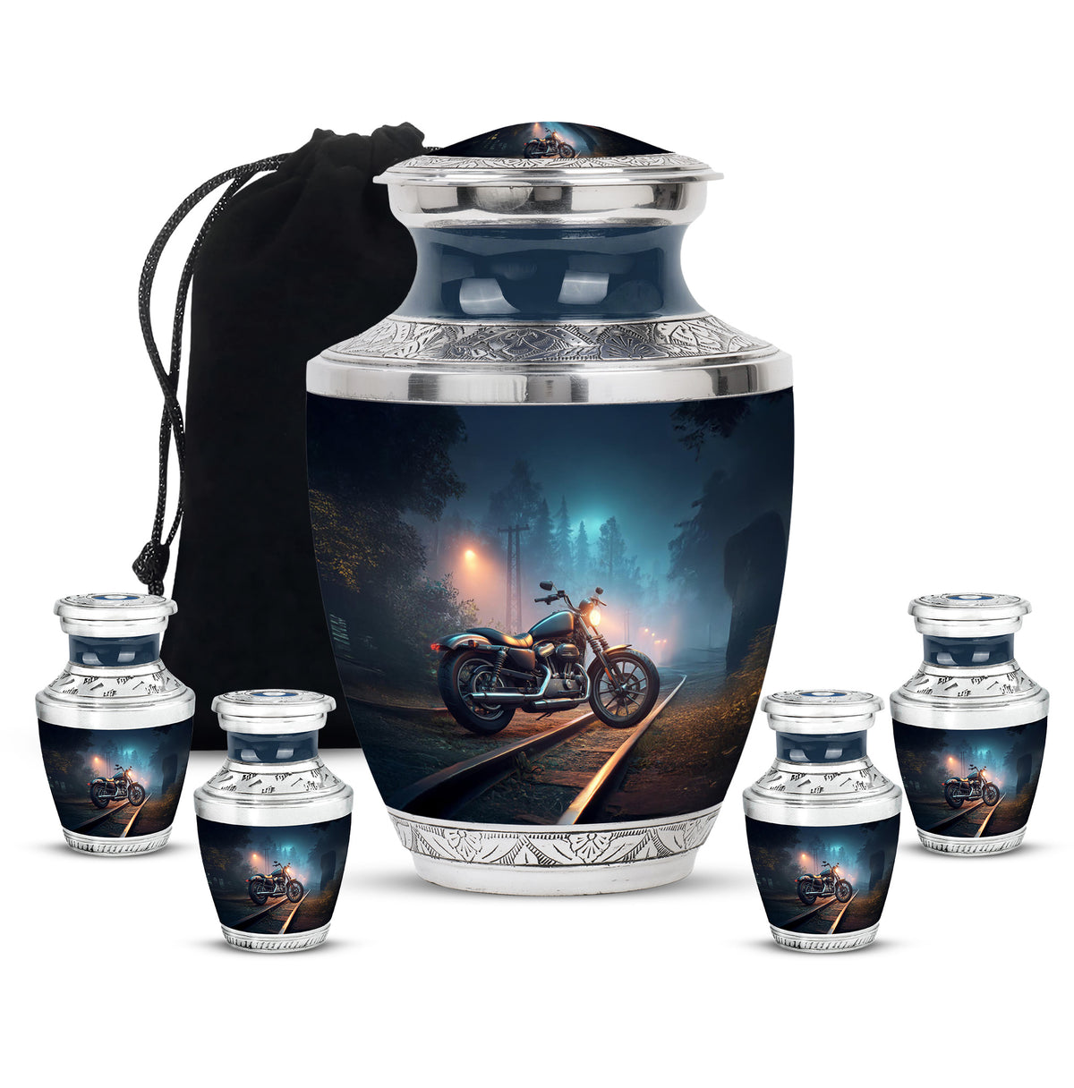 Royal Blue Bike Cremation Urn lifestyle display on memorial shelf - artistic bike interpretation with creative detail - memorial set with one large and four small urns