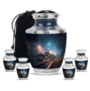 Royal Blue Bike Cremation Urn lifestyle display on memorial shelf - artistic bike interpretation with creative detail - memorial set with one large and four small urns