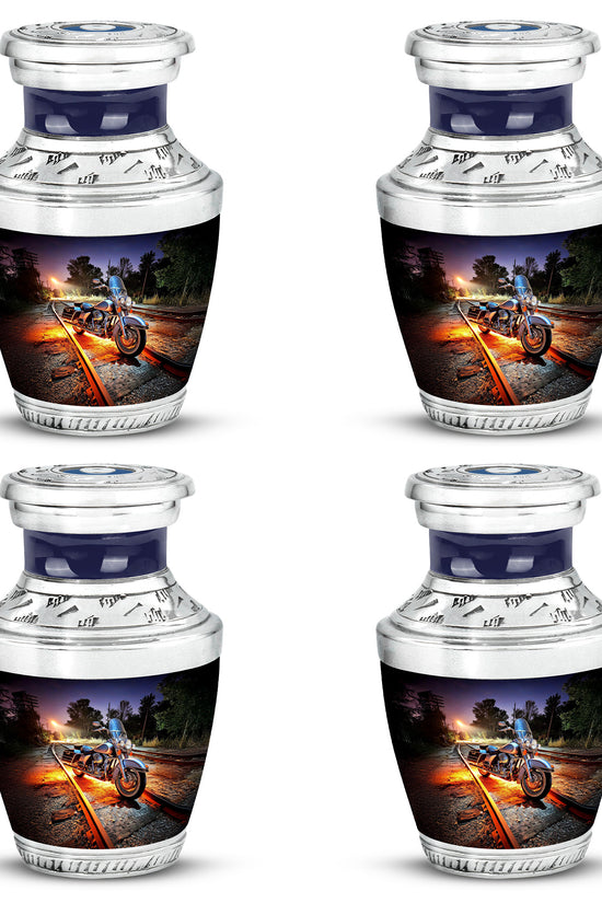 Cornflower Blue Bike Cremation Urn back view with polished surface - artistic bike interpretation with creative detail - 10 inch aluminum urn for cremated remains