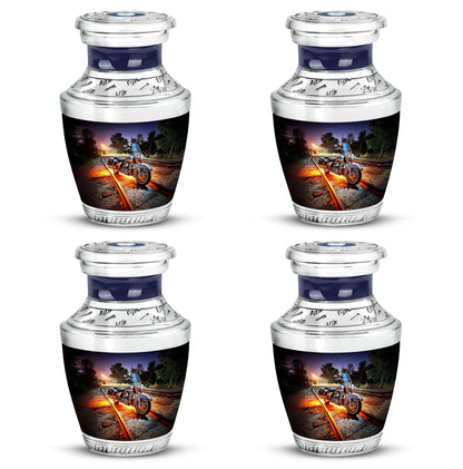 Cornflower Blue Bike Cremation Urn back view with polished surface - artistic bike interpretation with creative detail - 10 inch aluminum urn for cremated remains