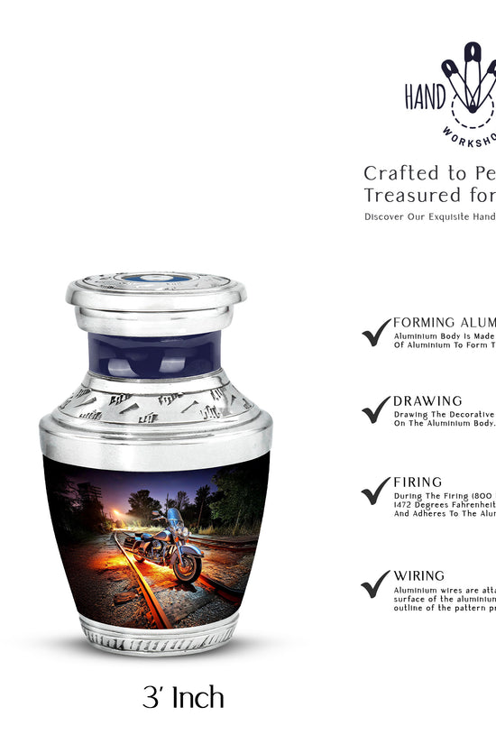 Dusty Blue Bike Cremation Urn top-down view of secure threaded lid - contemporary bike design with modern artistic flair - mini keepsake memorial for portion of cremation ashes