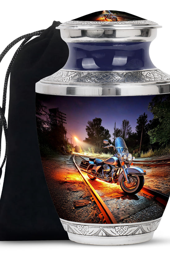 Icy Blue Bike Cremation Urn side profile showing urn shape - modern art-inspired bike motif on sleek aluminum - full-size 10 inch 200 cubic inch adult cremation urn