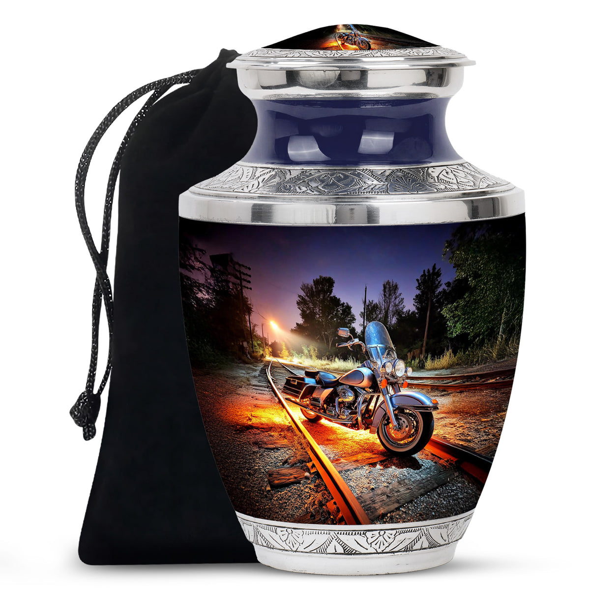 Icy Blue Bike Cremation Urn side profile showing urn shape - modern art-inspired bike motif on sleek aluminum - full-size 10 inch 200 cubic inch adult cremation urn
