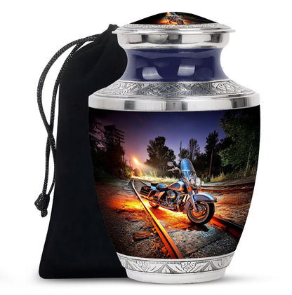 Icy Blue Bike Cremation Urn side profile showing urn shape - modern art-inspired bike motif on sleek aluminum - full-size 10 inch 200 cubic inch adult cremation urn