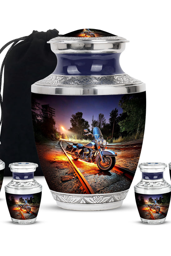 Cornflower Blue Bike Cremation Urn lifestyle display on memorial shelf - artistic bike interpretation with creative detail - memorial set with one large and four small urns