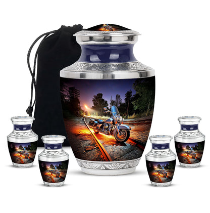 Cornflower Blue Bike Cremation Urn lifestyle display on memorial shelf - artistic bike interpretation with creative detail - memorial set with one large and four small urns