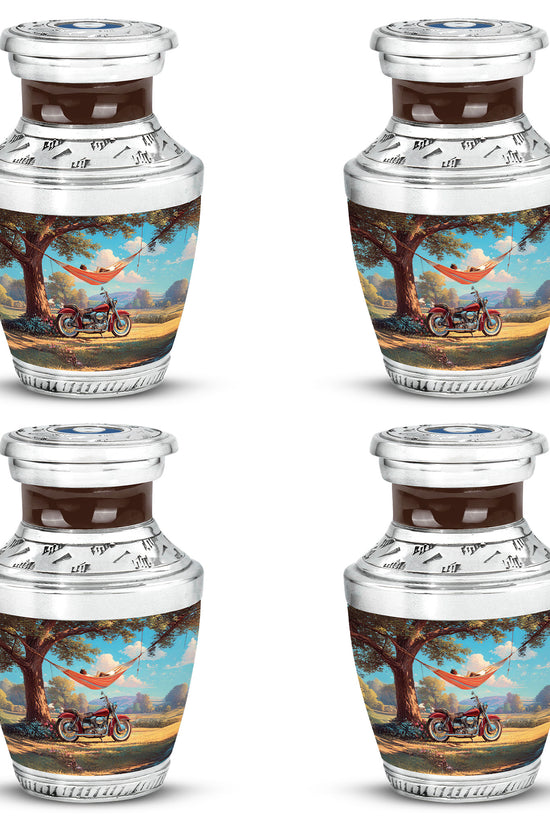 Jewel Teal Bike Cremation Urn back view with polished surface - contemporary bike design with modern artistic flair - 10 inch aluminum urn for cremated remains