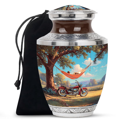 Sea Green Teal Bike Cremation Urn side profile showing urn shape - contemporary bike design with modern artistic flair - full-size 10 inch 200 cubic inch adult cremation urn